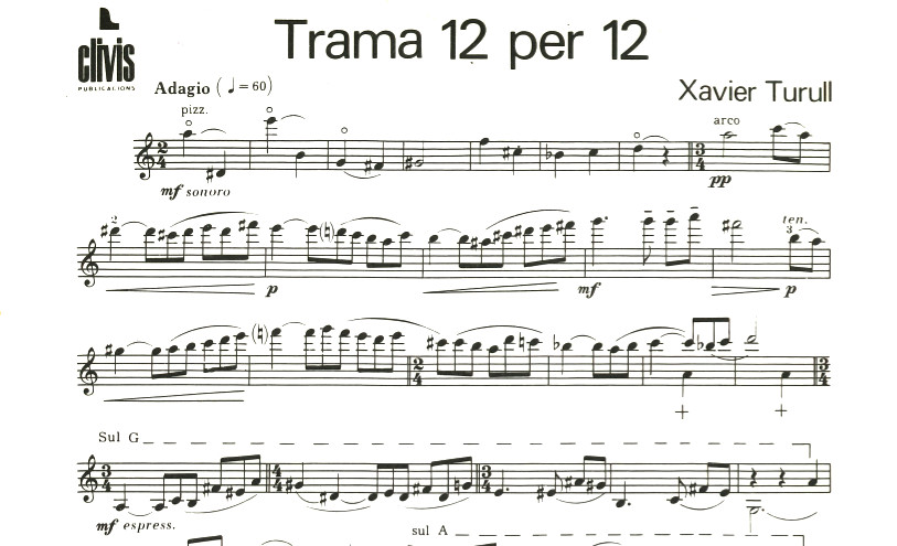 De titelpagina van Trama 12 per 12 voor viool solo van de Spaanse componist Xavier Turull (1922-2000) bevat enkel tekst, maar de vormgeving ervan is bijzonder grafisch en situeert zich tussen Oosterse kaligrafie en abstracte kunst. B-Bc BV-10-2377.
